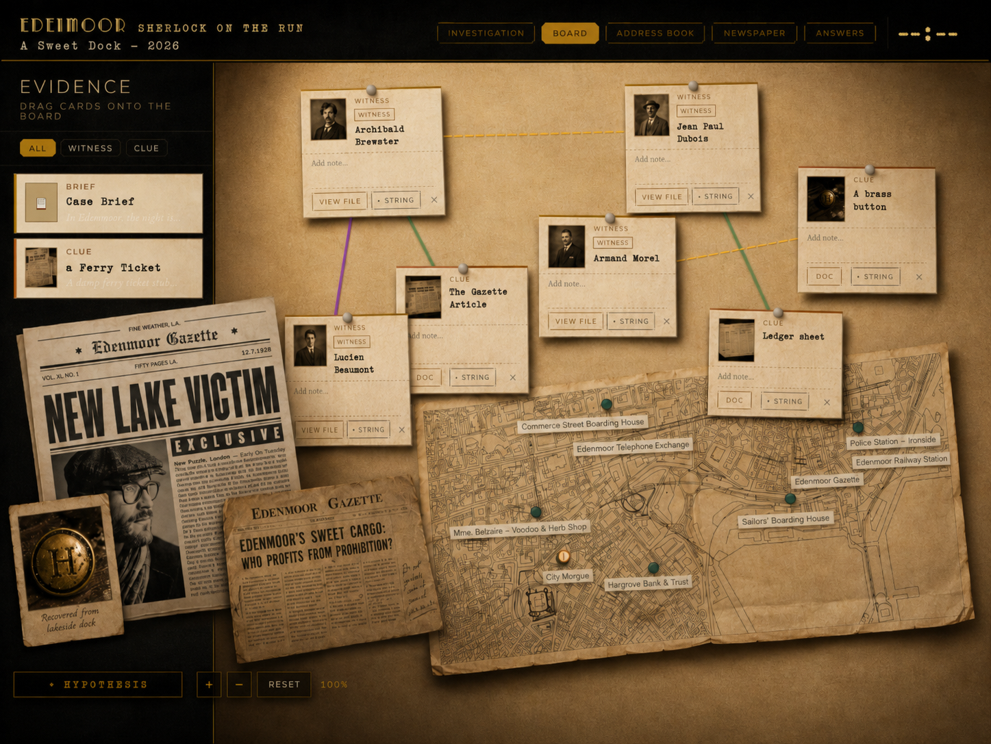 The investigation board — witnesses, clues and the strings between them